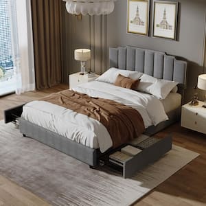 Gray Wood Frame Linen Bed Frame Queen Size Platform Bed with 2 Drawers, Load capacity 500 lbs.