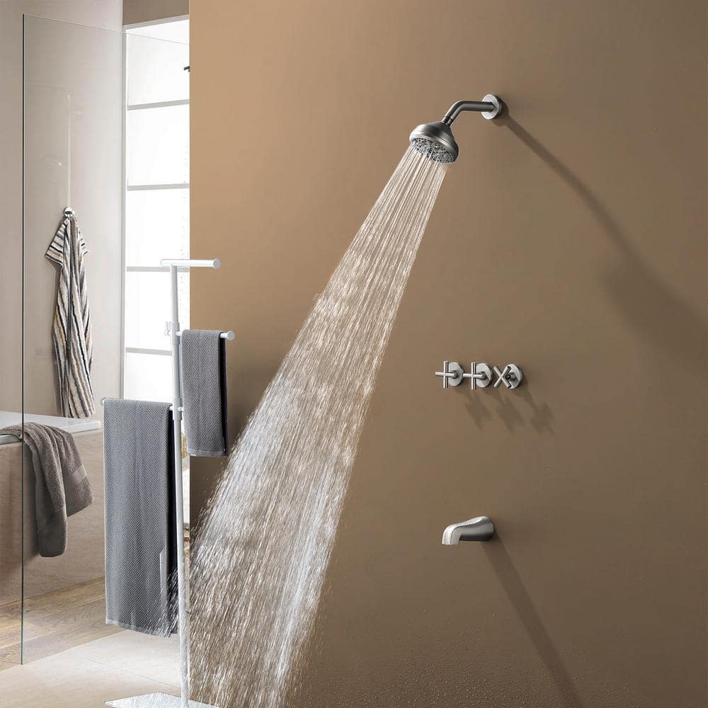 Brushed Nickel Triple Handle Wall Mounted Shower Faucet Set