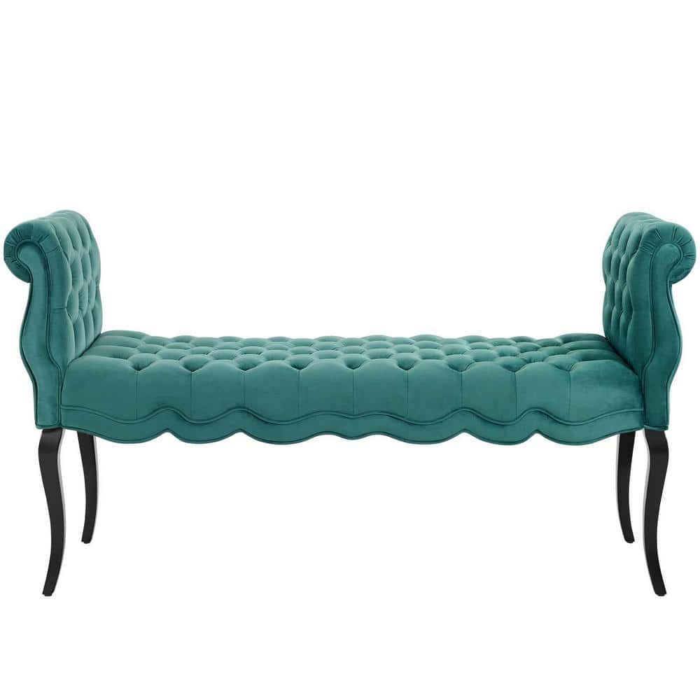 Adelia Teal Velvet Button Tufted Storage Bench with Rolled Armrests