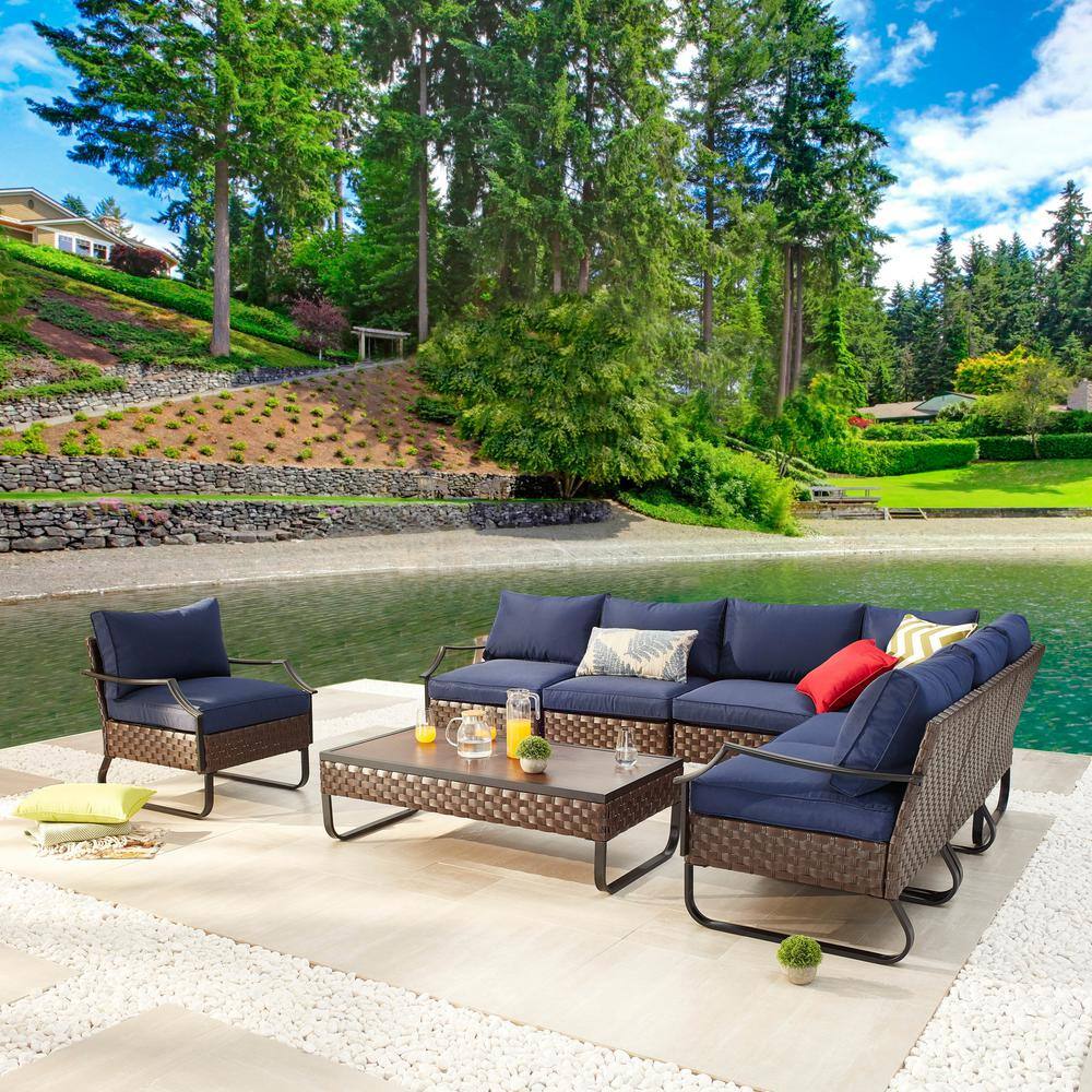 Patio Festival ULeg 8Piece Wicker Patio Conversation Set with Blue Cushions PF20202704705
