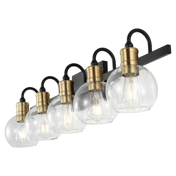 Marais 36.5 in. 5-Light Iron/Glass Rustic Vintage LED Vanity Light, Black/Brass Gold