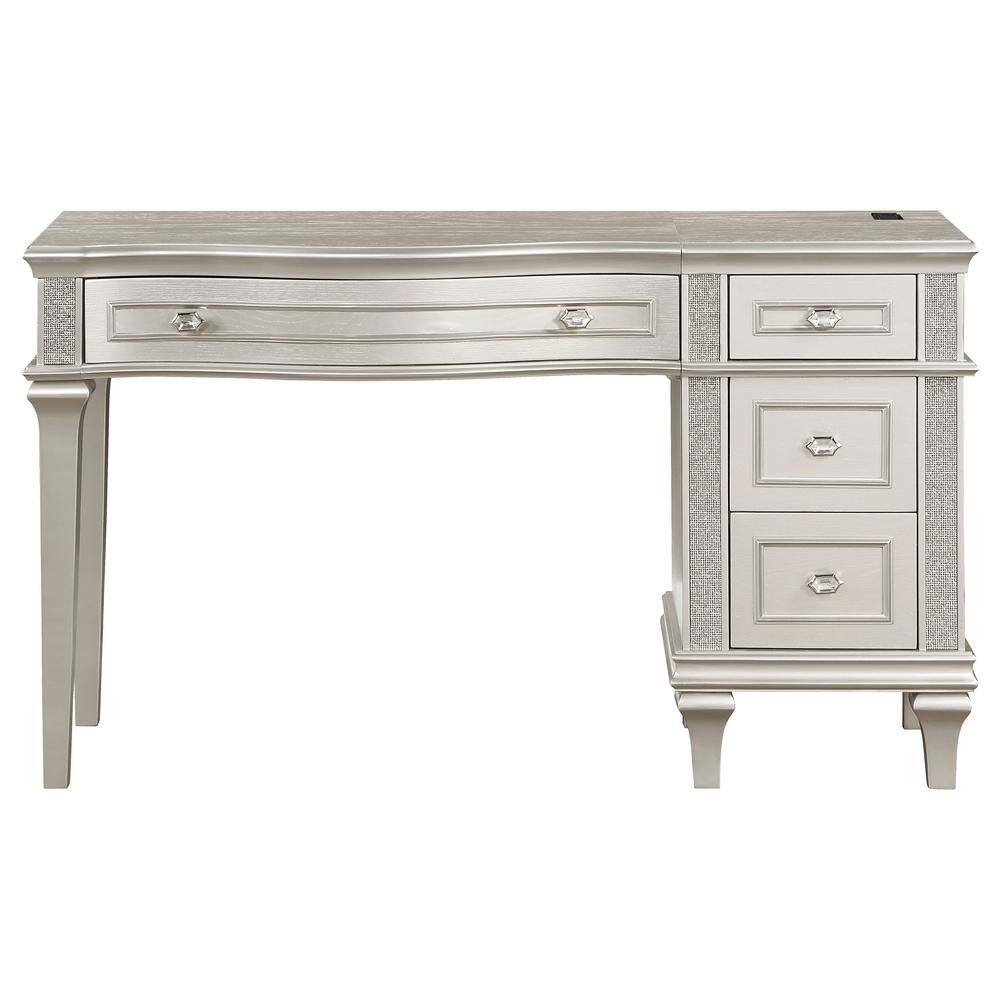 Evangeline Silver Oak 4-Drawer Vanity Table with Faux Diamond Trim