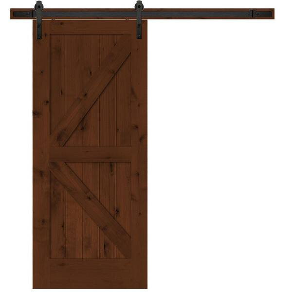 Steves & Sons 36 in. x 84 in. Rustic 2-Panel Stained Knotty Alder Interior Sliding Barn Door Slab with Hardware