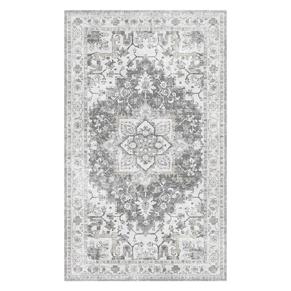 3 x 5 Gray Non-Slip Machine Washable Retro Area Rug