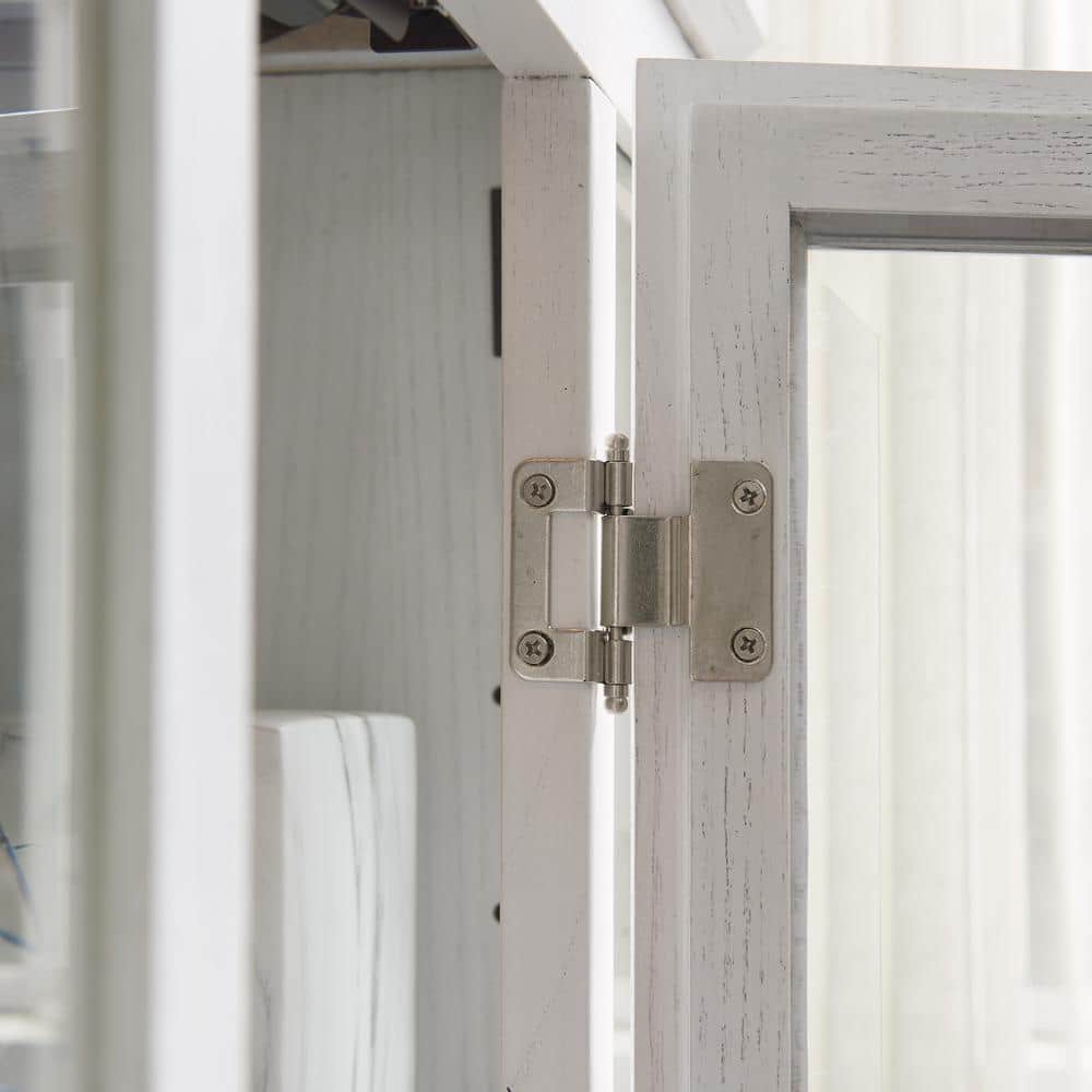 Weathered White Lighted Wood Curio Cabinet with Glass Shelves