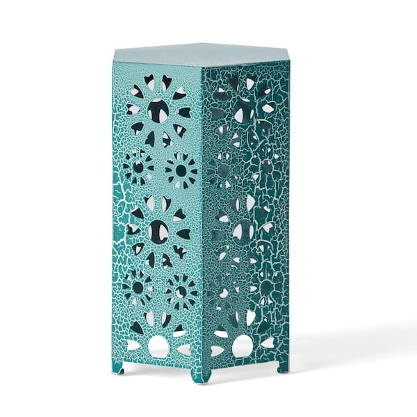 Zeus & Ruta 22 in. H Teal Metal Outdoor Patio Side Table with Sunburst Cut Out Design for Outdoors, Garden, Lawn, Backyard
