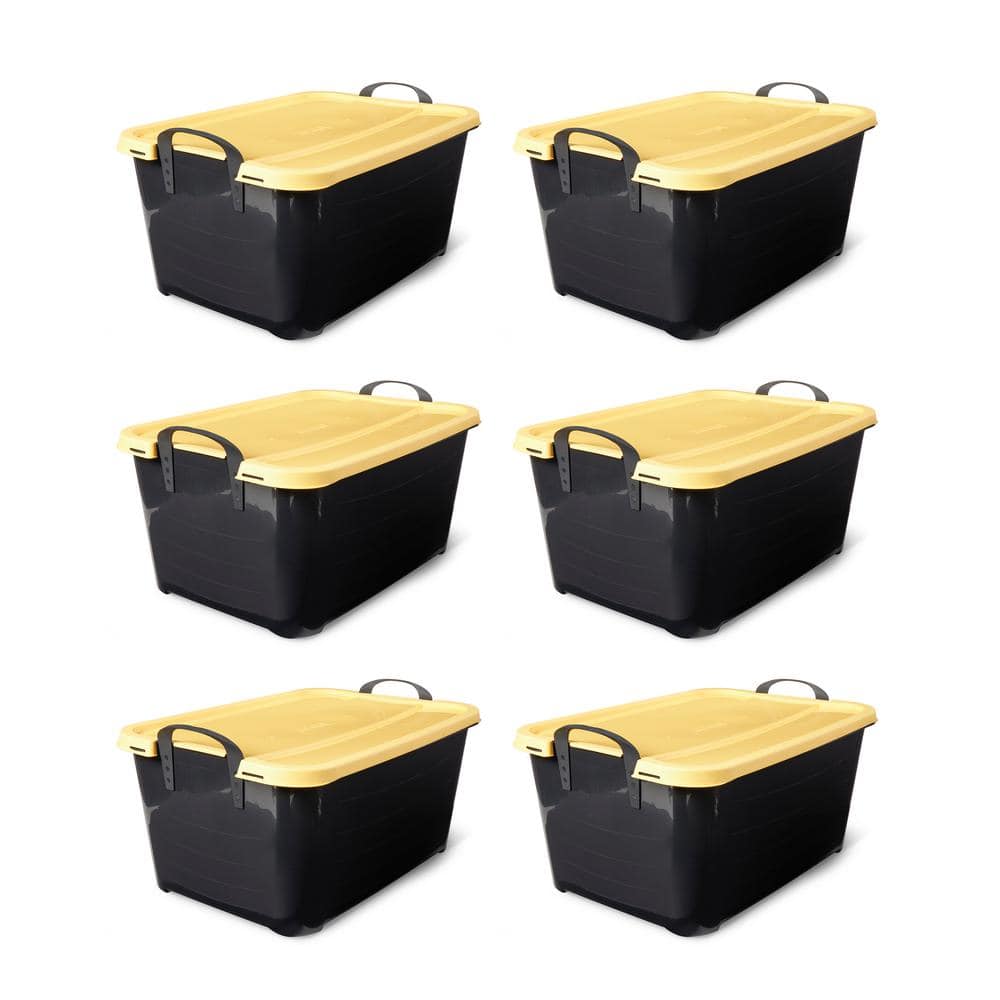 55 Quart Plastic Stackable Storage Unit Bin, Black & Yellow (6 Pack)