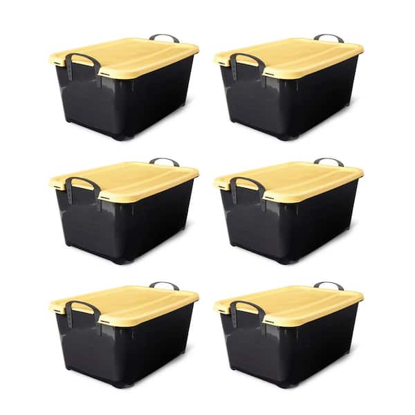 55 Quart Plastic Stackable Storage Unit Bin, Black & Yellow (6 Pack)