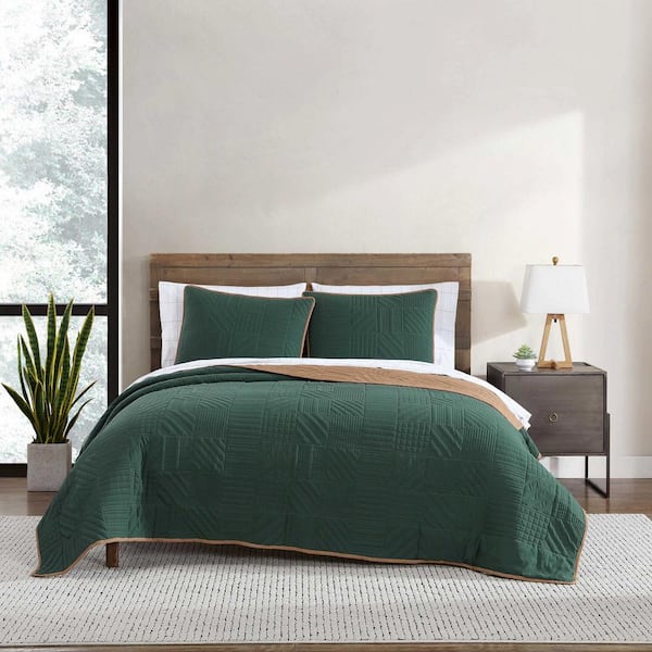 EB Solid Washed 3-Piece Evergreen/Brown Microfiber Full/Queen Quilt Set