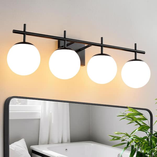 31 in. 4-Light Sleek Matte Black Modern Traditional Bathroom Vanity Light with Clear and White Frosted Glass Shades