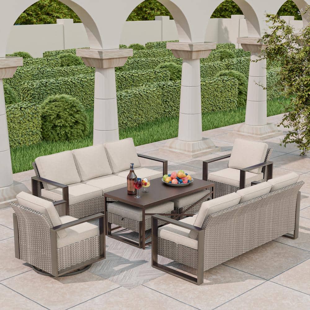 7-Piece Wicker Outdoor Patio Conversation Set with Beige Cushions and Coffee Table price history on PriceWatchPro