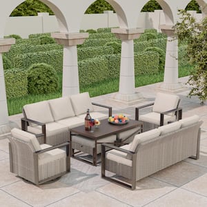 7-Piece Wicker Outdoor Patio Conversation Set with Beige Cushions and Coffee Table