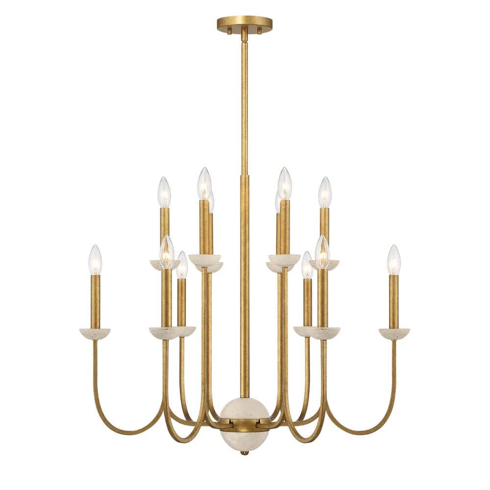 Antique Gold 12-Light Candle Chandelier with Travertine Cups