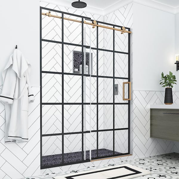 Aston Kamaya XL 56 - 60 in. W x 80 in. H Sliding Frameless Shower Door in Black & Brushed Gold Finish with Clear Glass, Right