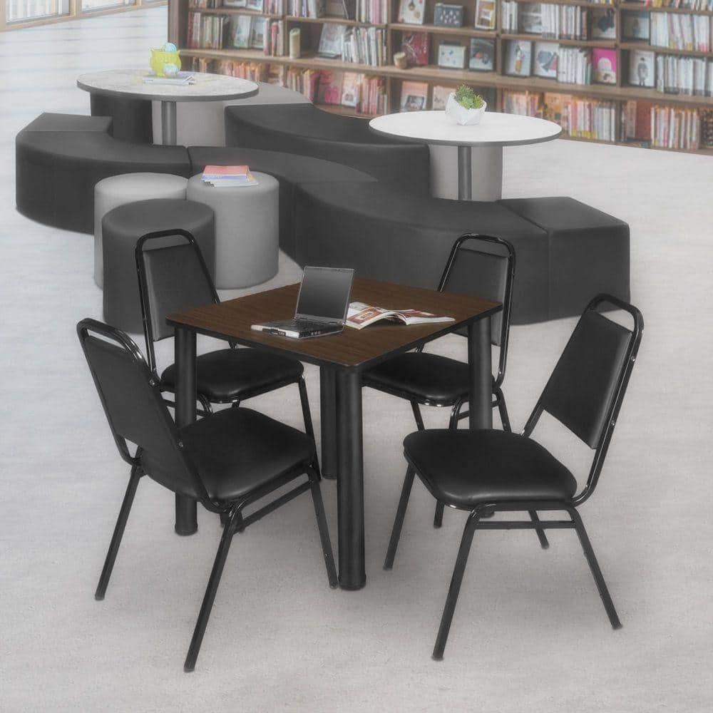 Kee 30 in. Neo Walnut Square Breakroom Table Desk and 4-Restaurant Stack Chairs-Black