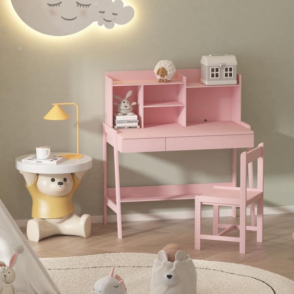 YOFE Modern Classic 2 Piece Wood Top Round Edge Pink Height Adjustable Kids Desk and Chair Set with Storage Shelves CamyPK GI26465W6791 KDSET01