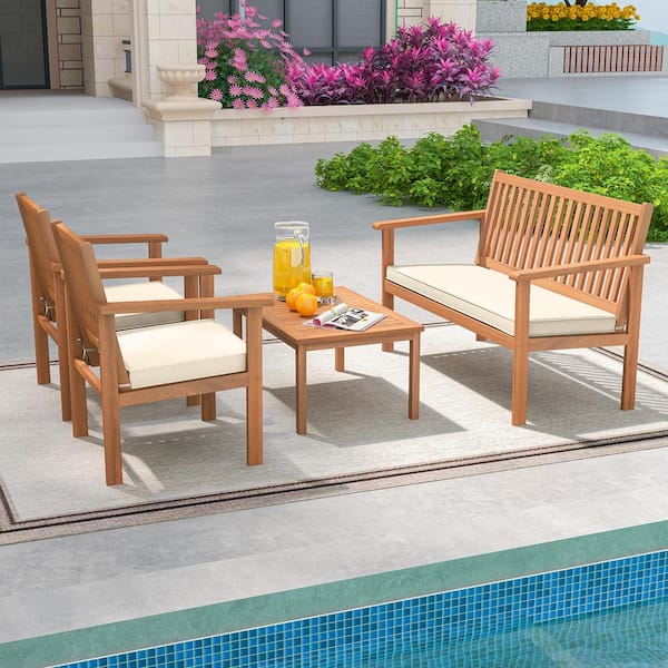 FORCLOVER 4-Piece Patio Acacia Wood Patio Conversation Set with Loveseat and Off White Cushions