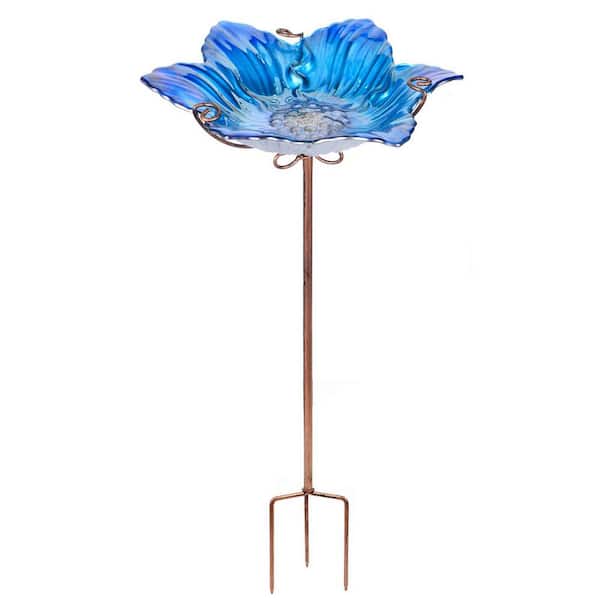 11.8 in. Dia Glass Bird Bath Bowl for Outdoors, Bird Feeder with Metal Stake (Blue)