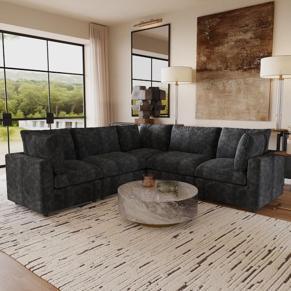 202 in. Square Arm Chenille Fabric 5-Piece Modular Free Combination Sectional Sofa in. Black