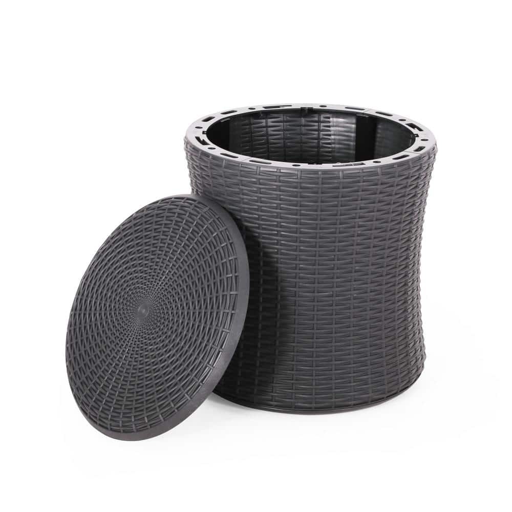 Dark Gray Cylinder Wicker Outdoor Side Table with Storage Space and Removab