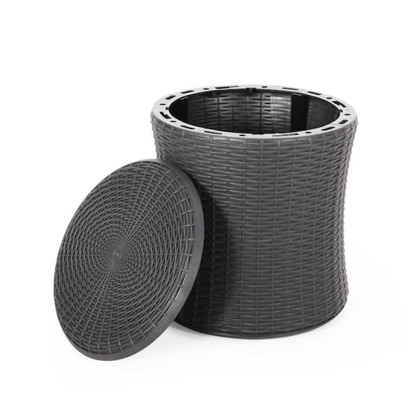 Unbranded Dark Gray Cylinder Wicker Outdoor Side Table with Storage Space and Removable Top Cover