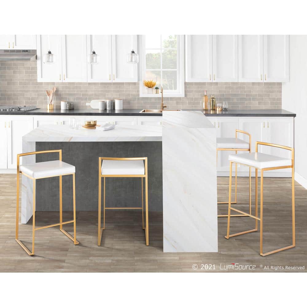 Elegant Gold and White Leather Barstool Duo