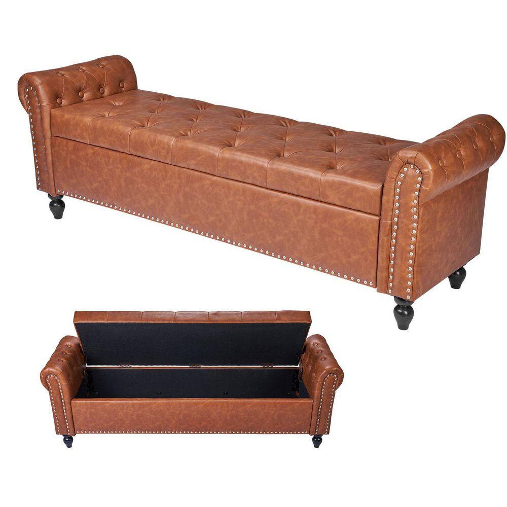 Brown PU leather button-tufted storage ottoman bench with rolled arms and solid wood legs.