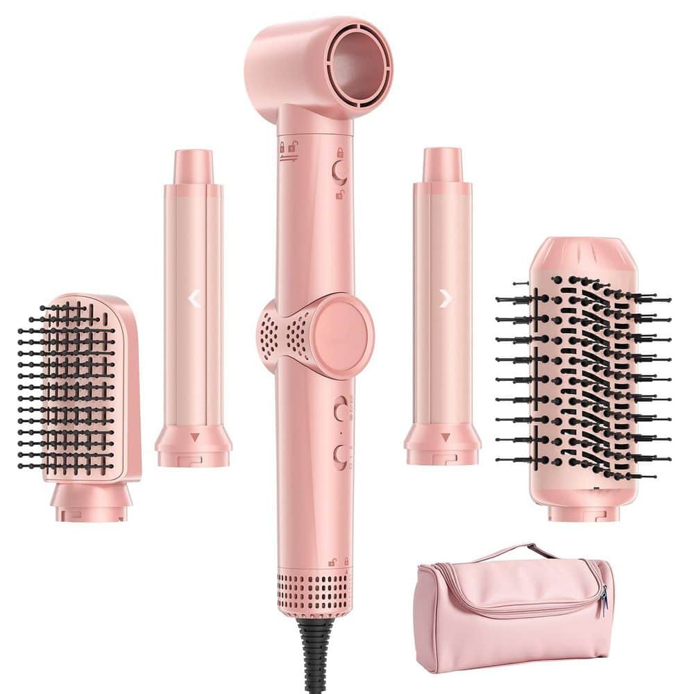 1-Piece Bathroom Accessory Set in Pink, 5 in 1 Hot Air Styler Set with Travel Case, for Drying, Curling and Volumizing