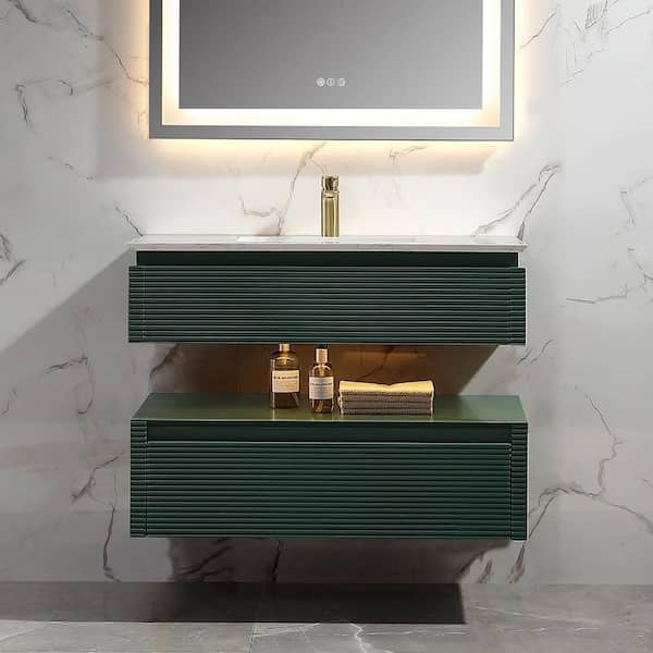 Wilton 36 in. W x 20.8in. D x 19.6 in. H Floating Bathroom Vanity Set in Green with White Engineer Marble Countertop