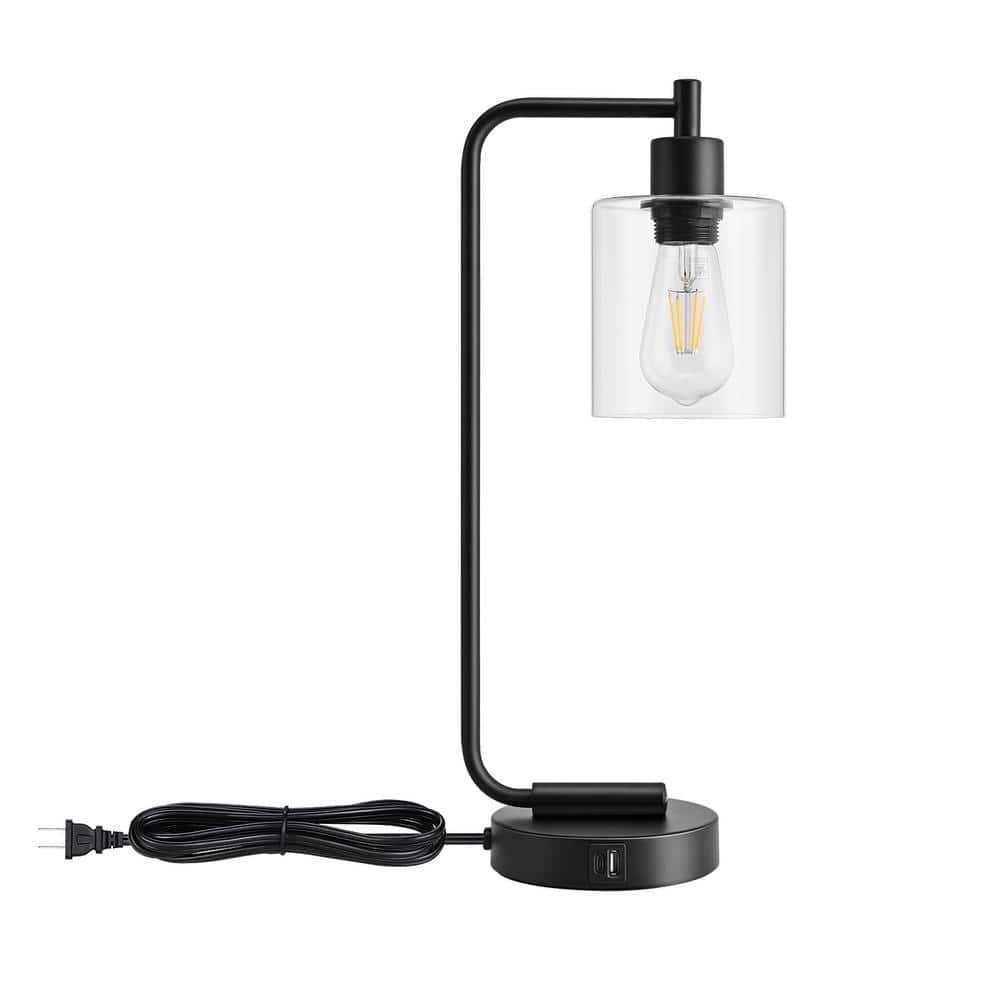 19 in. Black Metal Dimmable Touch Control Table Lamp with Glass Shade and USB Port