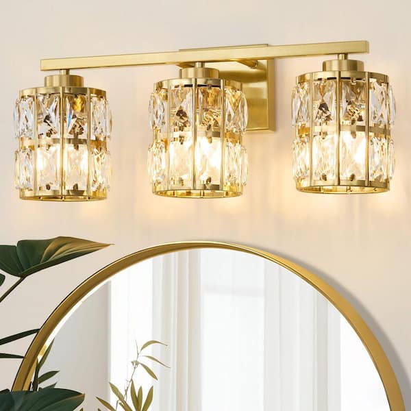 18.9 in. 3-Light Gold Vanity Light Dimmable Modern Luxury Bathroom Vanity Light with Crystal Shade