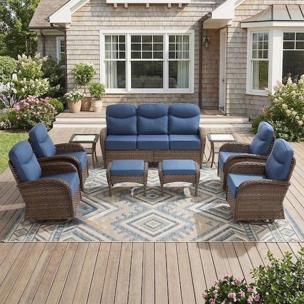 Moonridge 9-Piece Brown Wicker Patio Conversation Set with 6 in. Olefin Blue Cushions/Patio Swivel Chairs with Sofa