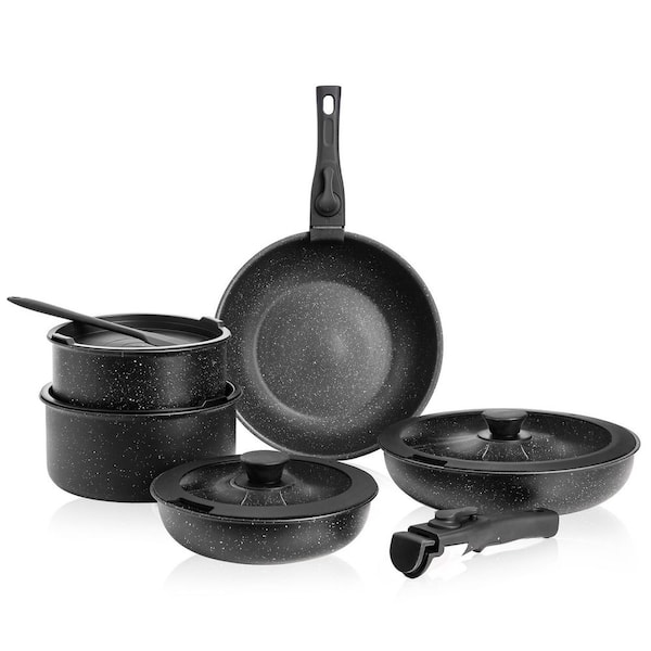 12-Piece Black Granite Non-Stick Cookware Set, Kitchen Cooking Sets Pots and Pans Set with Spatula and Detachable Handle