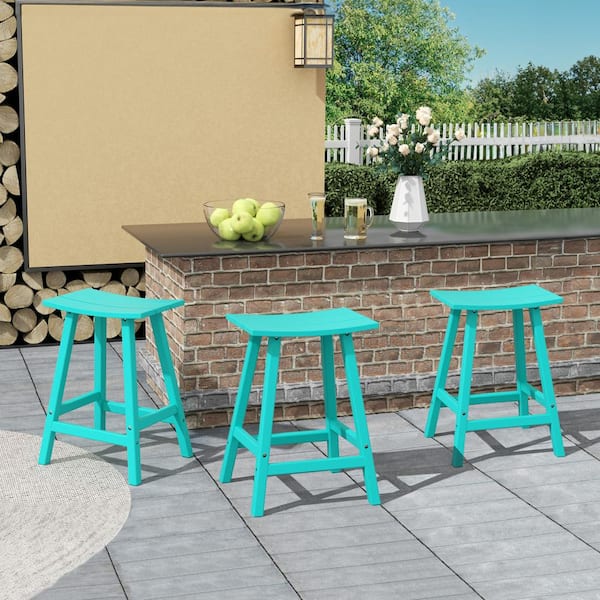 Franklin Turquoise 24 in. Poly HDPE Fade Resistant Outdoor Patio Saddle Seat Counter Height Bar Stool (Set of 3)