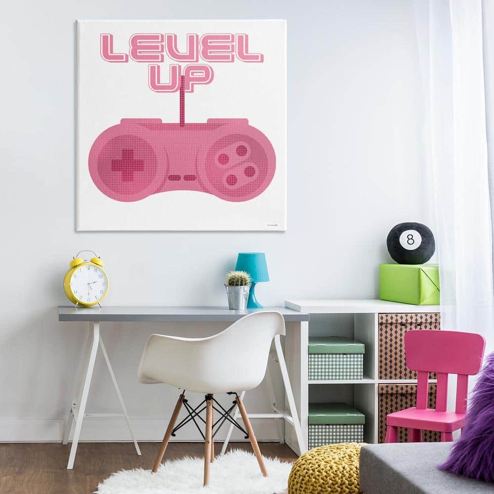 Girl Gamer Pink Level Up by Yass Naffas Designs Unframed Typography Graphic Art Print 36 in. x 36 in.