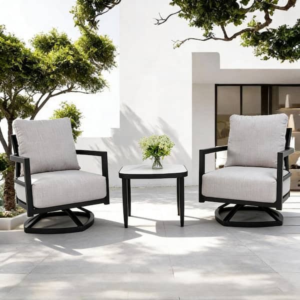 Black 3-Piece Aluminum Patio Conversation Set Modern Swivel with Gray Cushion Sunbrella and Side Table