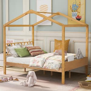 Natural Full Size House Bed for Kids, Wooden Platform Bed Frame with Headboard and Storage Space for Girls,Boys