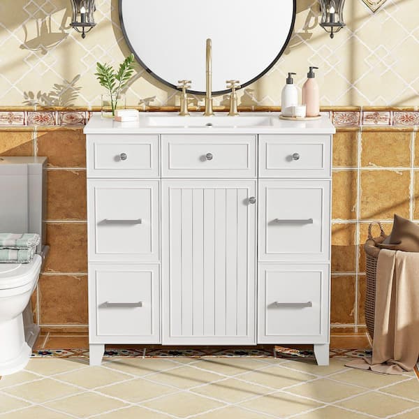 36 in. W x 18 in. D x 34 in. H Single Sink Freestanding Bath Vanity in White with White Ceramic Top, Soft Close