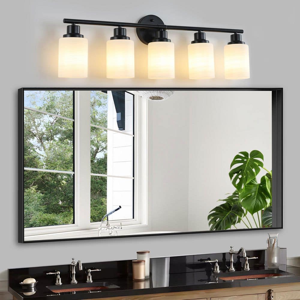 31 in. 5-Light Black Vanity Light with Frosted White Glass Shade price history on PriceWatchPro