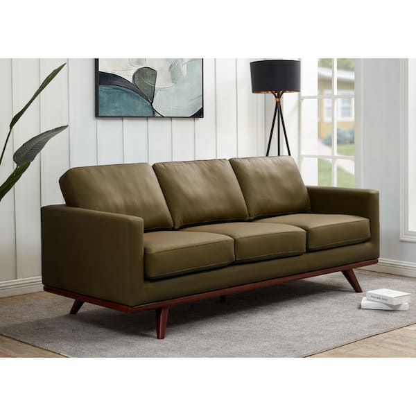 Chester 83.03 in. Square Arm Leather Rectangle 3-Seater with Removable Cushions Sofa with Birch Wood Frame in Green