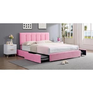 Upholstered Bed Frame Pink Full Metal Frame With 4-Storage Drawers and Adjustable Headboard Platform Bed Frame