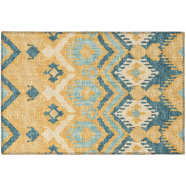 Addison Rugs Yuma Yellow 1 ft. 8 in. x 2 ft. 6 in. Geometric Indoor/Outdoor Washable Area Rug
