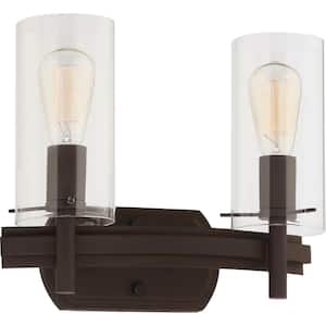 Regina 2-Light 8 in. Antique Bronze Indoor Bathroom Vanity Wall Sconce or Wall Mount with Clear Glass Cylinder Shades