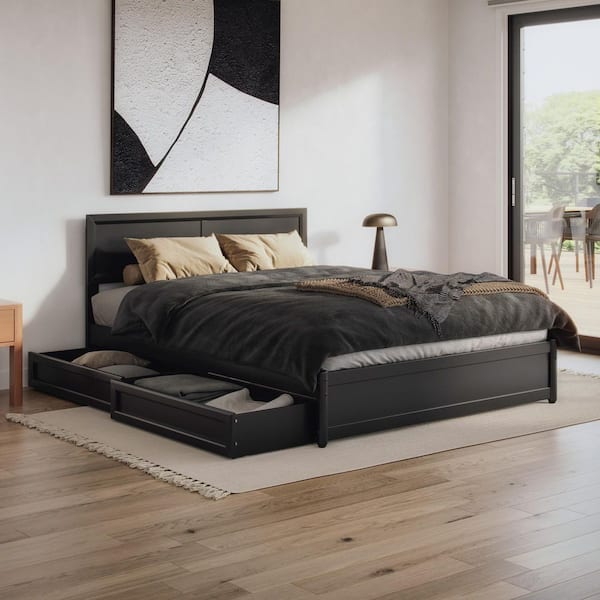 Lylah Black Wood Frame Queen Platform Bed with Panel Footboard and Storage Drawers