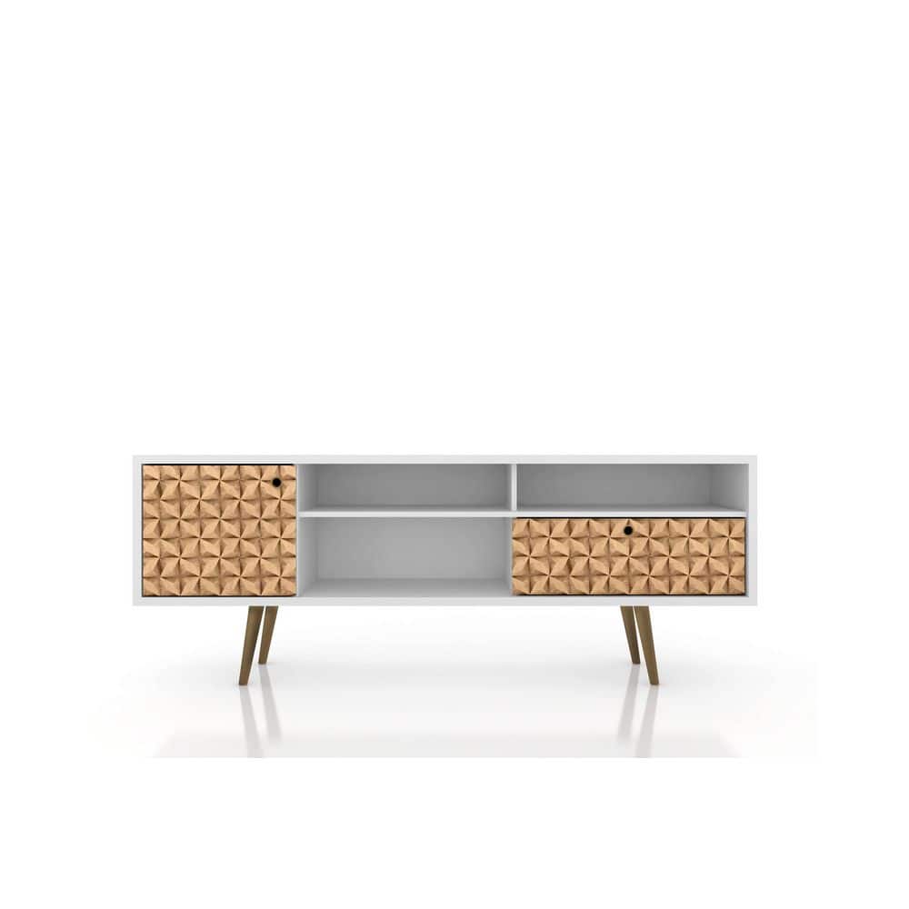 White and Brown Mid-Century Modern TV Stand with Cabinet