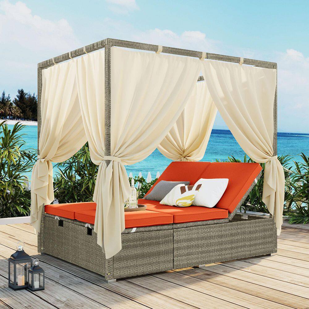 Patio Wicker Adjustable Seats Outdoor Day Bed with Comfortable Orange Cushion, Outdoor Sofa Patio Furniture Set