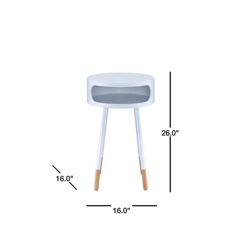 Sonria Round White and Natural Wood End Table with Metal Legs