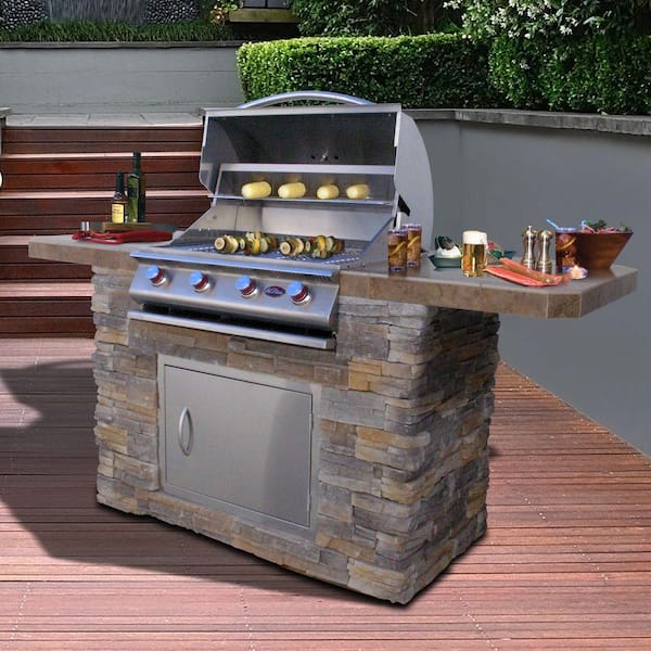 Cal Flame ft. Stone Veneer BBQ Island with 4-Burner Grill in Stainless Steel Bistro 470-AS - The Home Depot