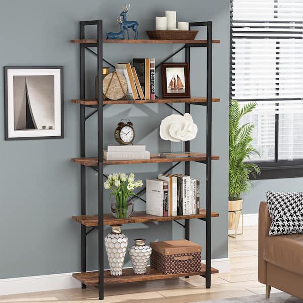 Earlimart 62.9 in. Brown Engineered Wood 5-Shelf Standard Etagere Bookcase Bookshelf