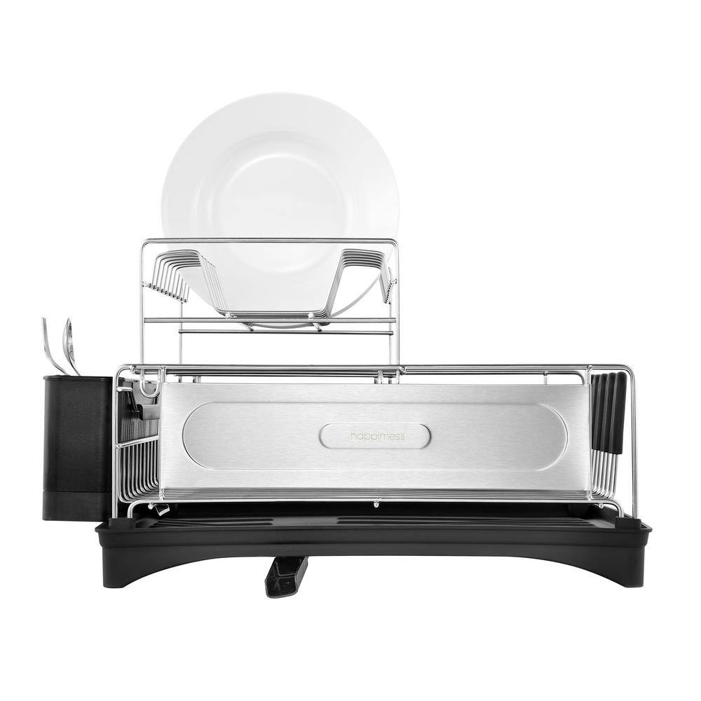 Compact 18.25" Stainless Steel 2-Tier Dish Drying Rack with Utensil Holder